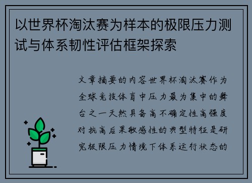 以世界杯淘汰赛为样本的极限压力测试与体系韧性评估框架探索 以世界杯淘汰赛为样本的极限压力测试与体系韧性评估框架探索